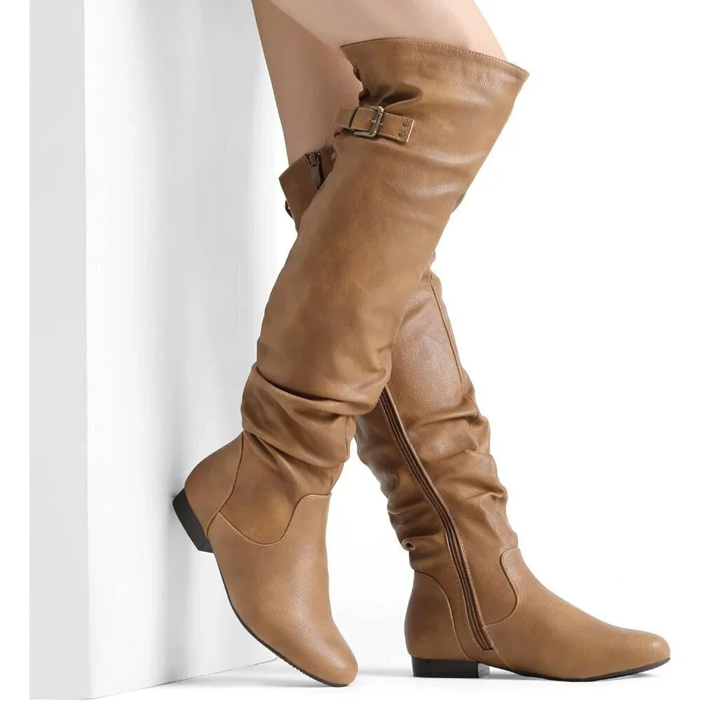 🆕Women's Camel Suede Over The Knee Thigh High Comfortable Low Heel Winter Boots